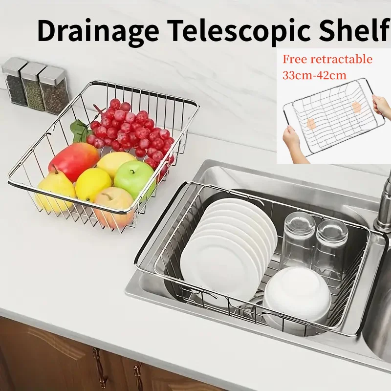 

1PC S/L Stainless Steel Retractable Kitchen Sink Drain Storage Rack Bowls Vegetables Fruits Cleaning Drain Basket Kitchen Shelve