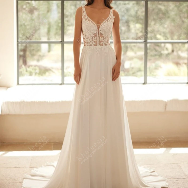 

Graceful Wedding Dresses A Line Chiffon Bridal Gowns Lace Appliques Sleeveless Backless Robes Vestidos De Novia Customized 2025