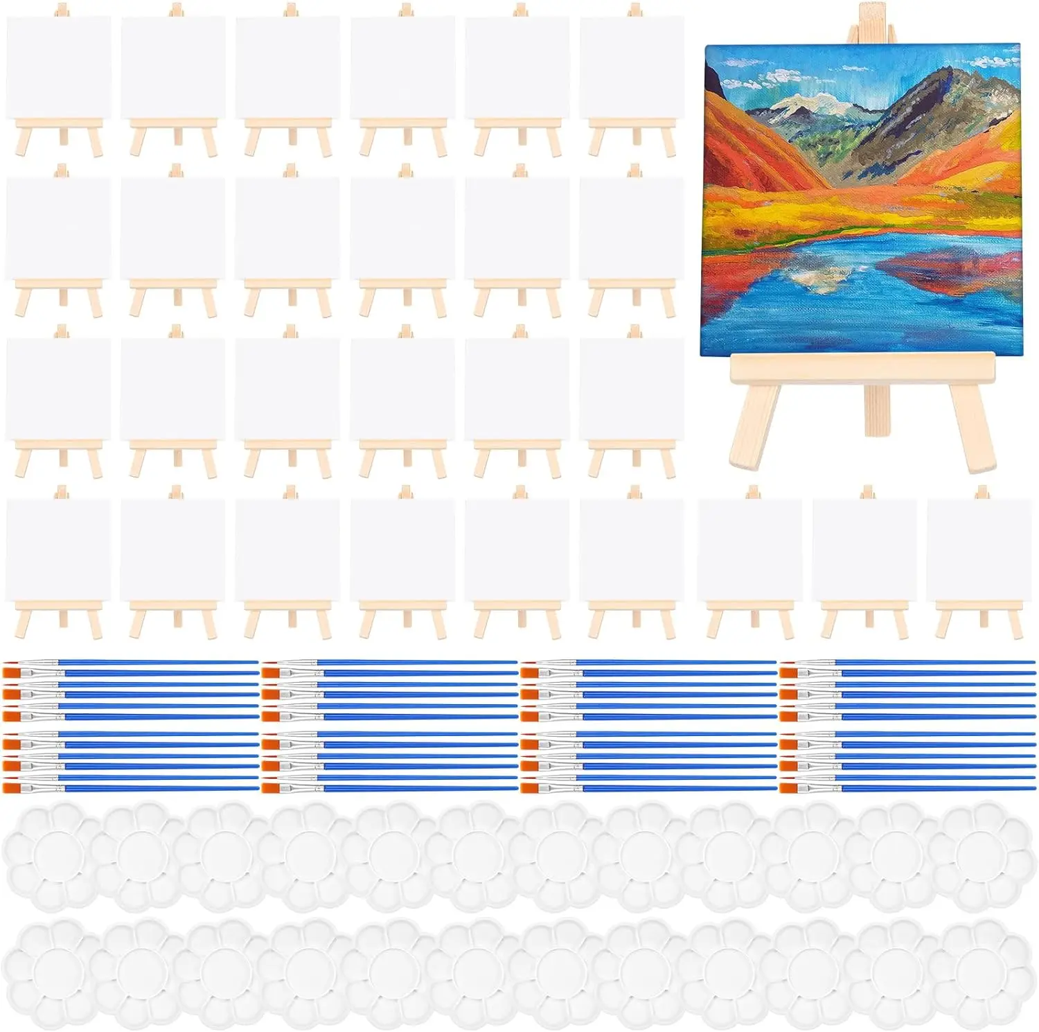 

150 Pcs 5.91 x 5.91 Inch Mini Canvas Boards Panels with Wooden Easel, Palettes, Brushes for Oil Acrylic Painting Crafts