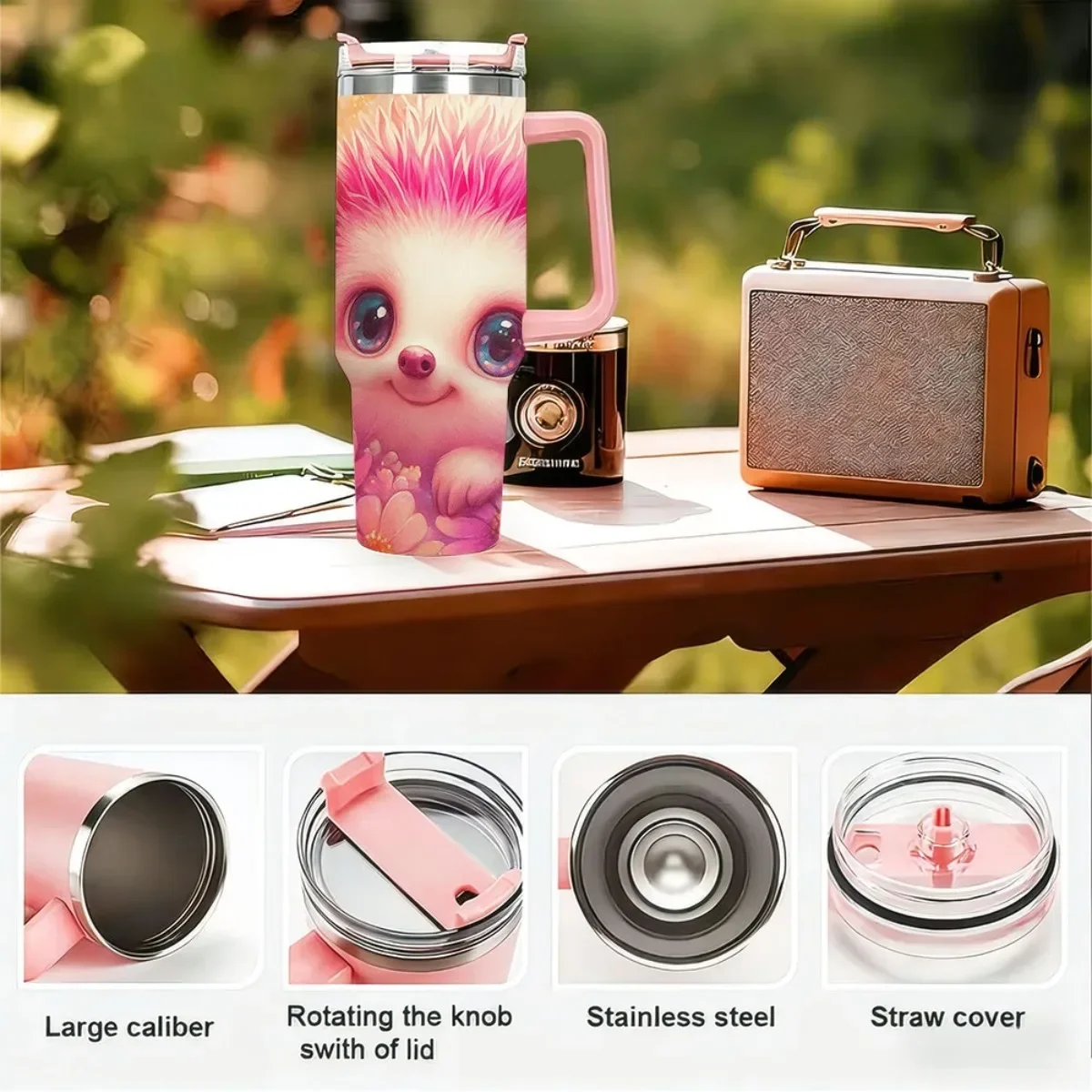1pc 40Oz Adorable Hedgehog Floral Vacuum Cup Mug - Vacuum-Sealed Stainless Steel Water Bottle Featuring Straw & Handle, Leakproof Flip Top - Maintains Beverage Temperature for Hours in Pastel Pink, Blue, Purple, Yellow, And Orange view 6