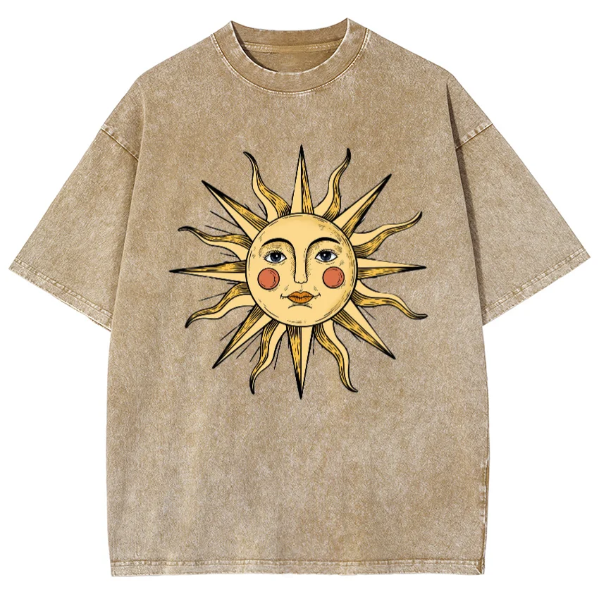 Sun Face Print Women's T-Shirt Washed Cotton Breathable High Quality Short Sleeve Oversized Men's Half Sleeve Distressed Hip Hop