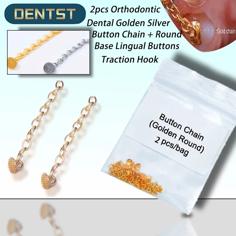 Dentst 2pcs Orthodontic Dental Golden Silver Button Chain + Round Base Lingual Buttons Traction Hook Direct Bond Eyelet