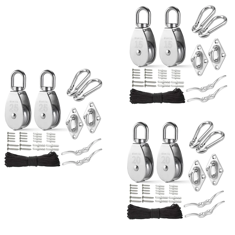 

Stainless Steel Pulley System Kit-Heavy-Duty Pulley Wheel, Pulley Block With Nylon Rope 4MM, Hooks, Plate (2 Pack)