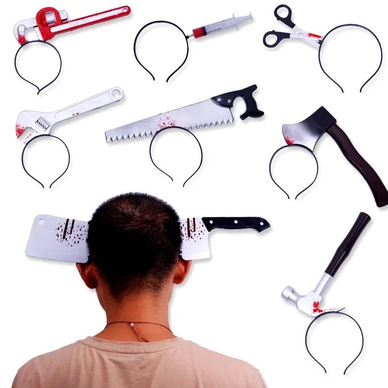 Diadema de Halloween con accesorio para el cabello, diadema de broma con cabeza de hacha falsa, accesorio para el cabello con cabeza de cuchillo de cocina afilado en 3D para fiestas de disfraces