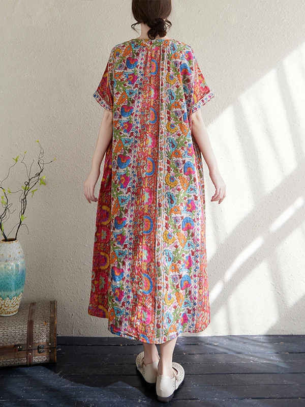 Vestido solto de linho de aodão estampado casual manga curta vestido f verão e em torno do pescoço emaecime...