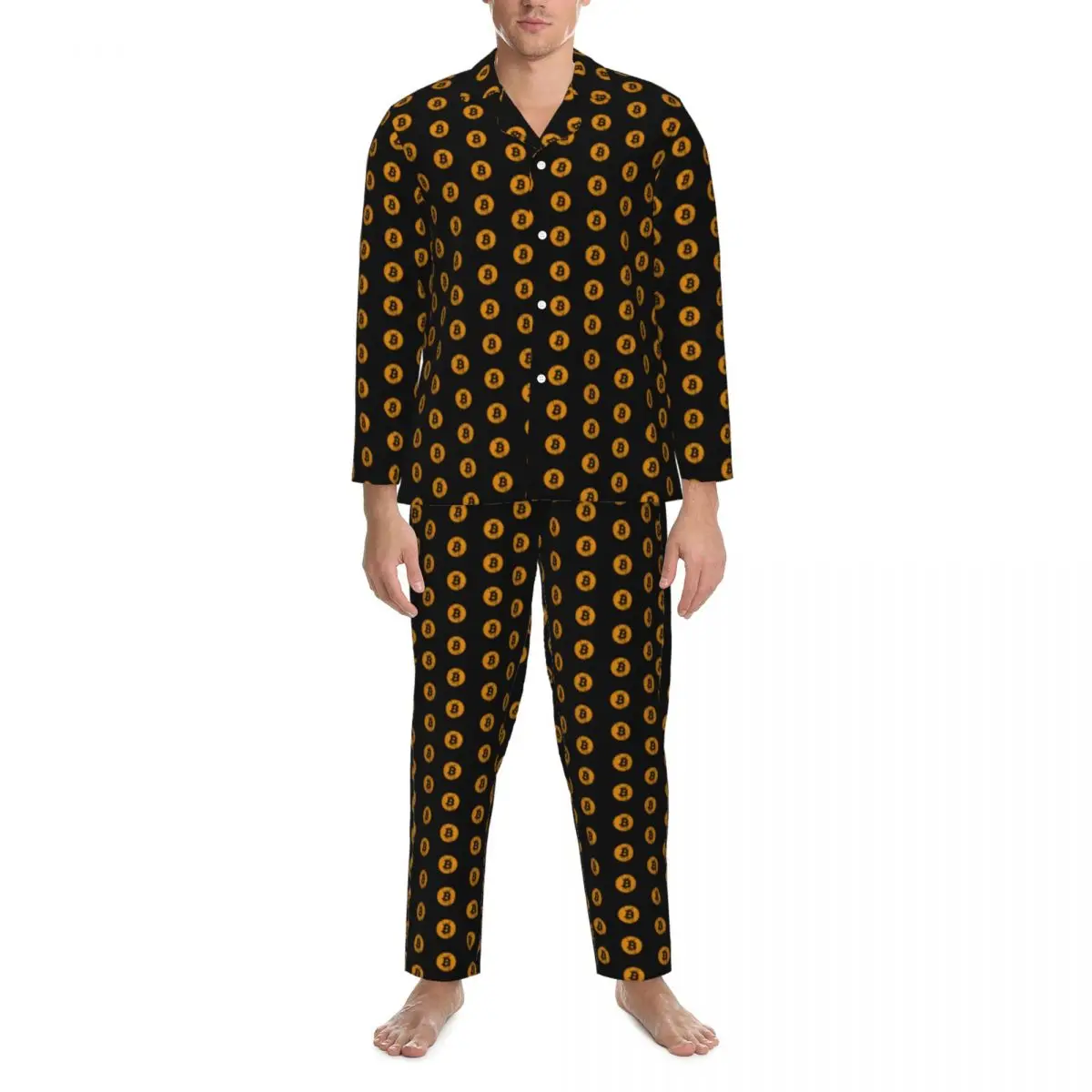 Bitcoin Print Sleepwear Autumn Digital Currency Money Aesthetic Oversize Pajama Set Man Long Sleeve Cute Room Printed Nightwear