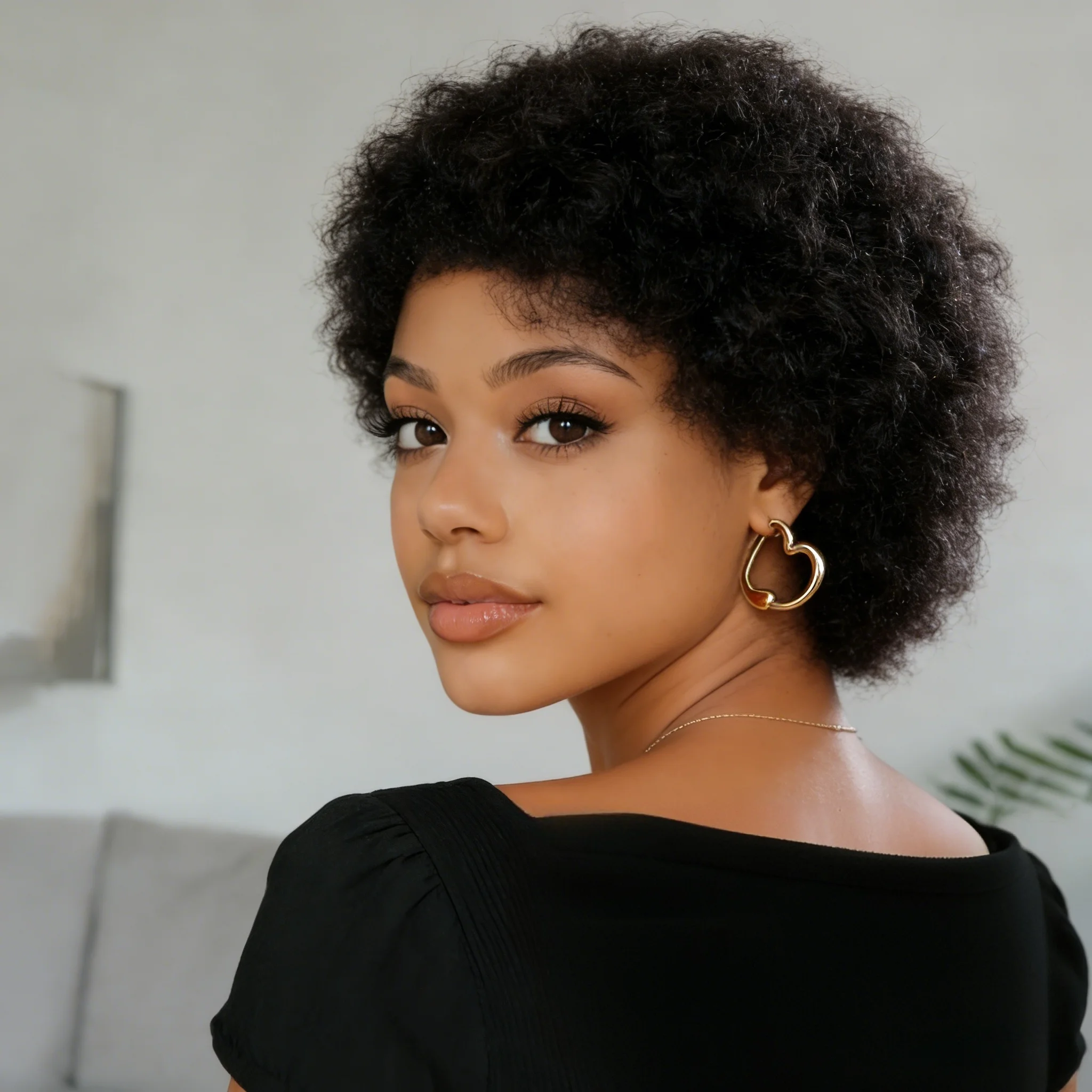 

Парик в стиле пикси из натуральных волос, афро-кудри, короткий, для женщин, полностью машинной работы. ﻿