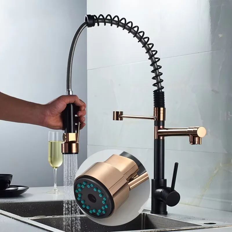 Rose Gold Hot and Cold Black 360 Rotation Spring Pull Down Stainless Steel Kitchen Faucet High Quality Pull the Faucet