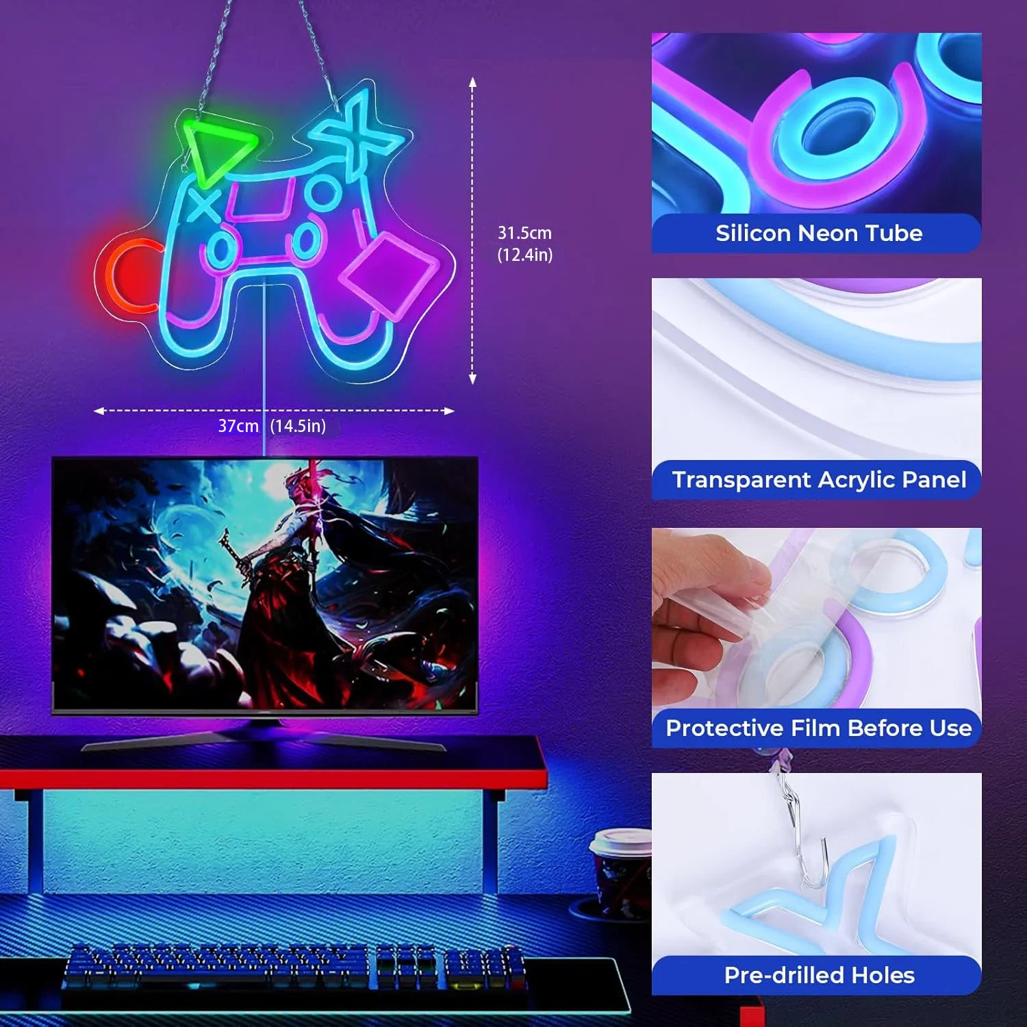 Gamer Neon Sign LED Hanging Light Dimmable USB for Game Room Streaming Background Bedroom Men Cave Garage Birthday Gift Decor