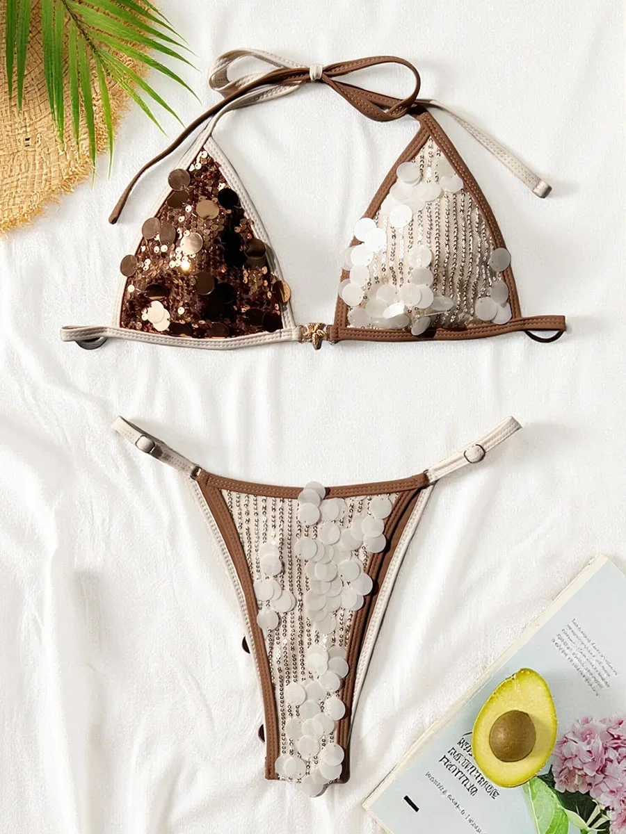 Splicing Shiny Sequins Bikini Women Swimsuit Female Swimwear Two-pieces Bikini Set Halter Bather Bathing Suit Swim Beach Wear