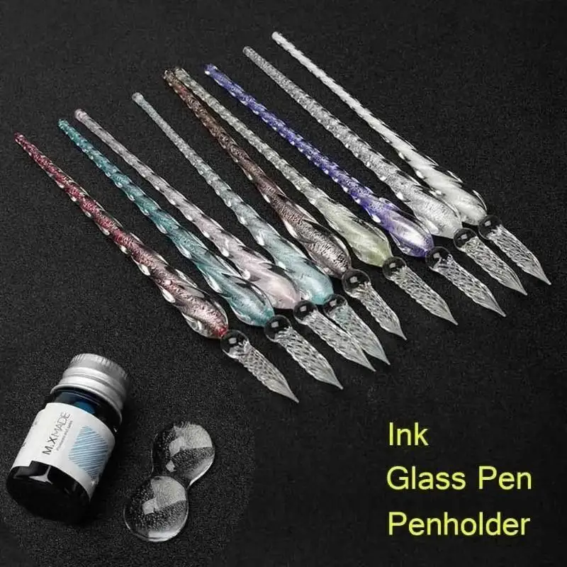 Colored Crystal Glass Dip Pen Set with Gift Box Gold Powder Color Ink Signature Pen Creative Stationery Gift
