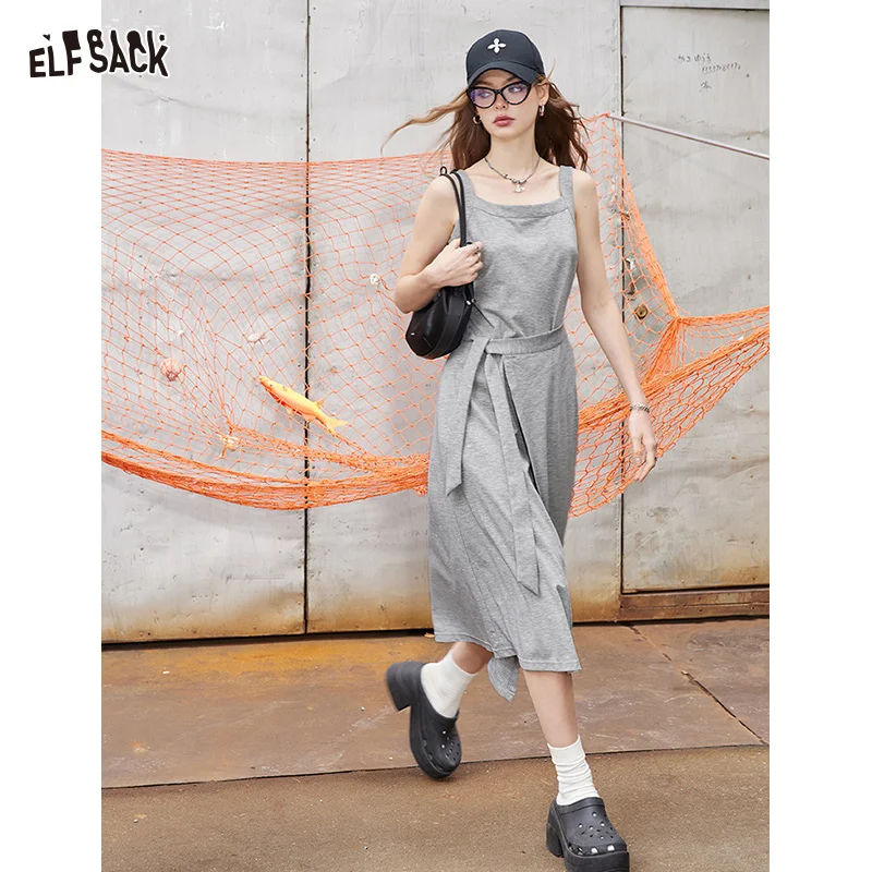 ELFSACK 2024 Summer New Arrivals Grey casual camisole dress for women, sleeveless vest dress