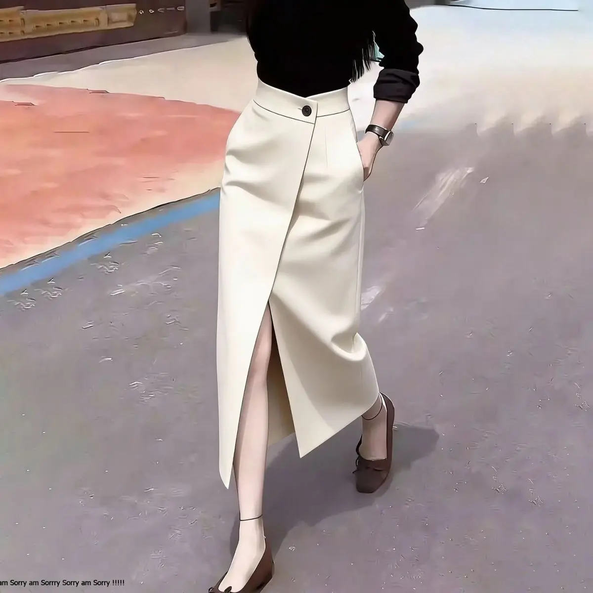 Off-white high-waisted split-ended suit skirt women's 2026 summer popular new fashion temperament medium and long skirt