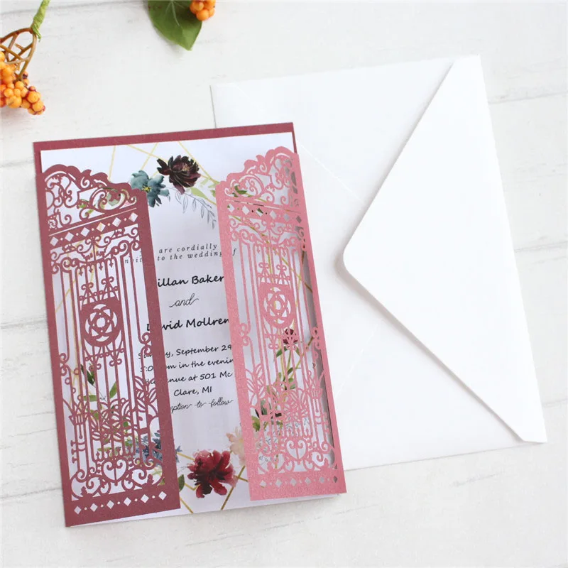 Gate Wedding invitation Cards Hollow Door Laser Cut Marriage Engagement Personalized Text Printing 50pcs Multi Colors