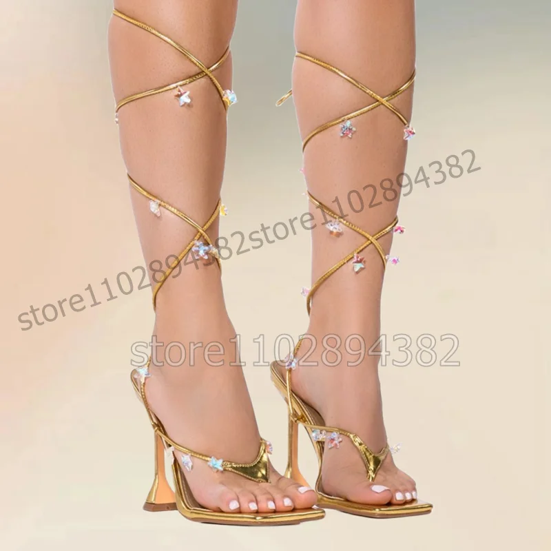 Crystal Star Design Gold Flip Flop Twine Sandals Lace Up Women Shoes Strange Style Heels Fashion Party 2023 Zapatos Para Mujere