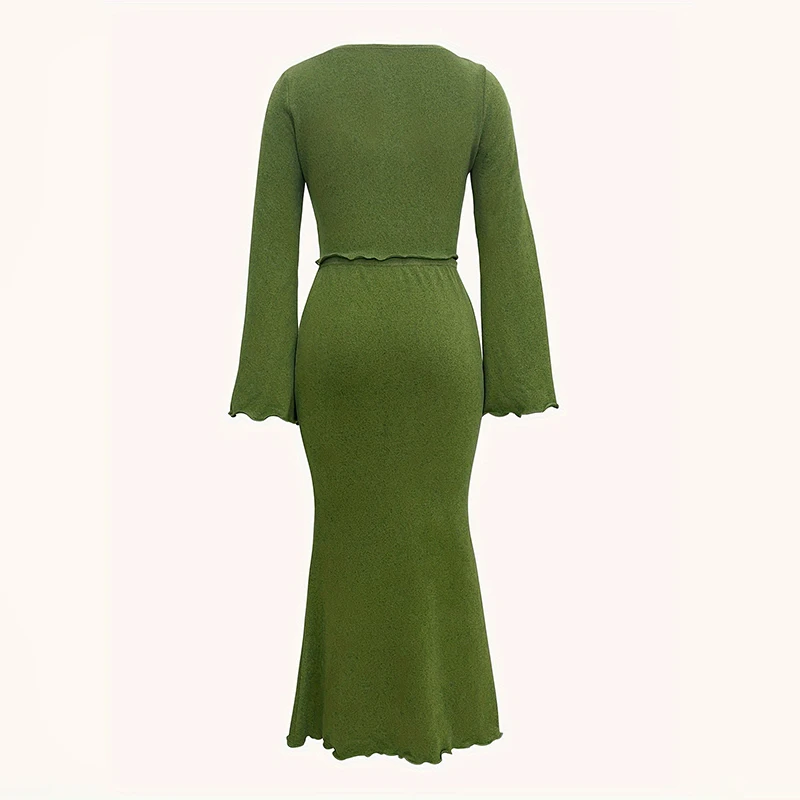 Two Piece Sets Boho Knitted Ruffles Long Sleeve Top Shirts Green And Maxi Skirt Bodycon Robe Sexy Beach Outfits Women Club Dress