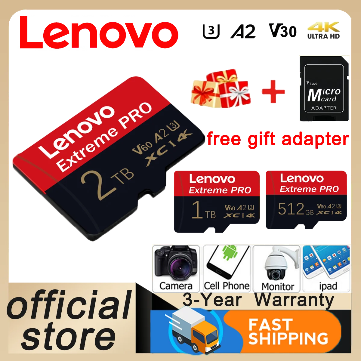 

Lenovo 2TB Flash SD Card Extreme SD Memory Card 1TB Flash Micro SD Card 512GB 128GB 256GB Class10 Memory for Phone/Camera/Switch