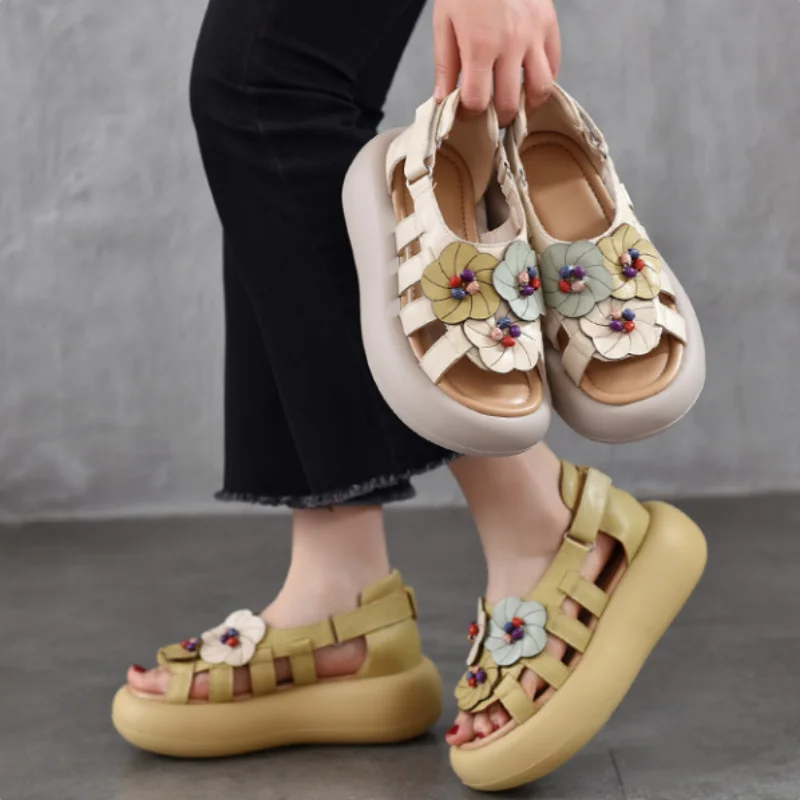 

ZXRYXGS 2026 Top Cowhide Classic Flower Sandals Modem Shoes Summer Open Toe Women Real Leather Sandals Platform Heighten Sandals