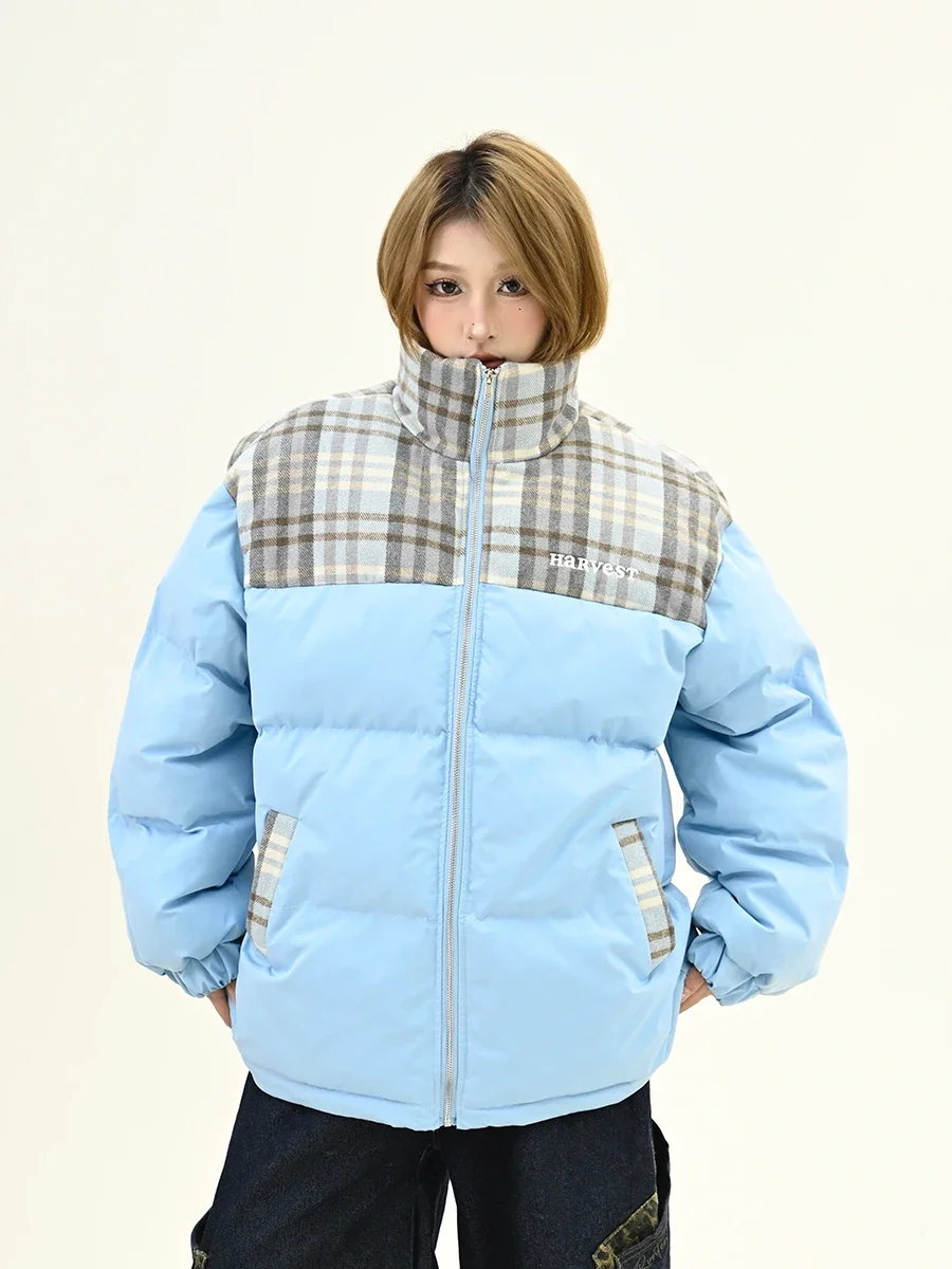 Women's Plaid Splicing Stand-up Collar Parkas, Loose Bf American College Style, Thickened Coats, Winter, New, 2024