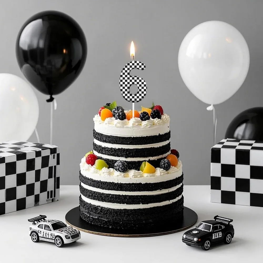 6/12 Stück schwarz-weiße karierte Geburtstagskerzen und Kuchenaufsatz, Rennwagenkerzen, Wunderkerzen für Rennwagenpartys – Detail 40
