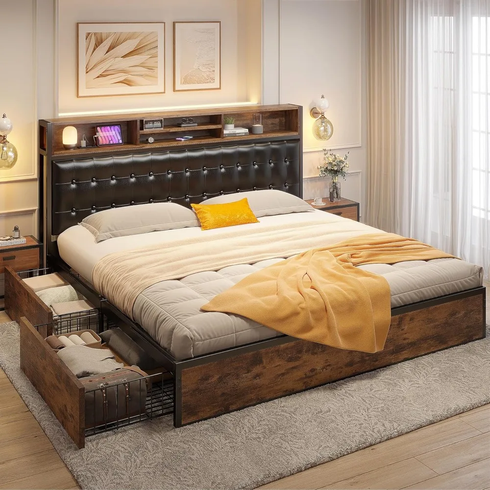 

King Size Bed Frame with Upholstered Headboard, 4 Storage Drawers, and Charging Station - Noiseless and Box Spring Free