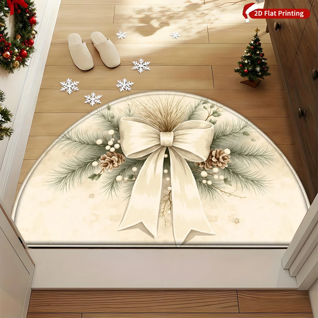 VIKAMA Christmas Themed Semi Circular Doormat Pine Branch Bow And Berry Print Entrance Hall Rug Festive Decorations