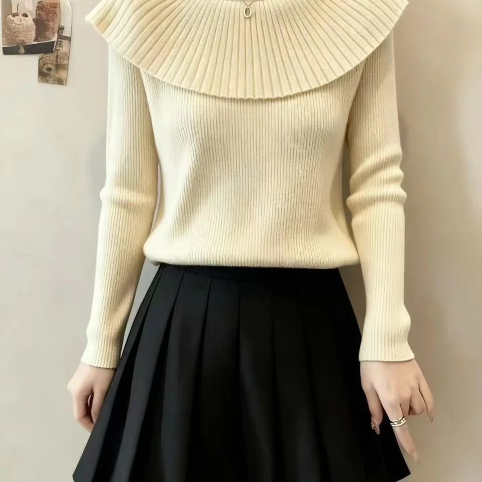 

Slim Fit Long Sve Women's Knitwear Chic Autumn Winter Faion Bell Sve One oulder Design Warm Top Korean Sle