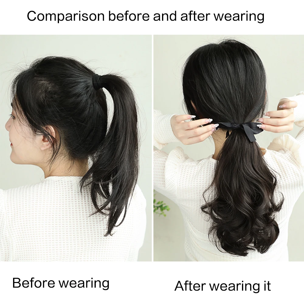 Extensiones de cola de caballo onduladas y rizadas con lazo de pelo envuelto alrededor, Clip sintético en extensiones de cabello, accesorios para el