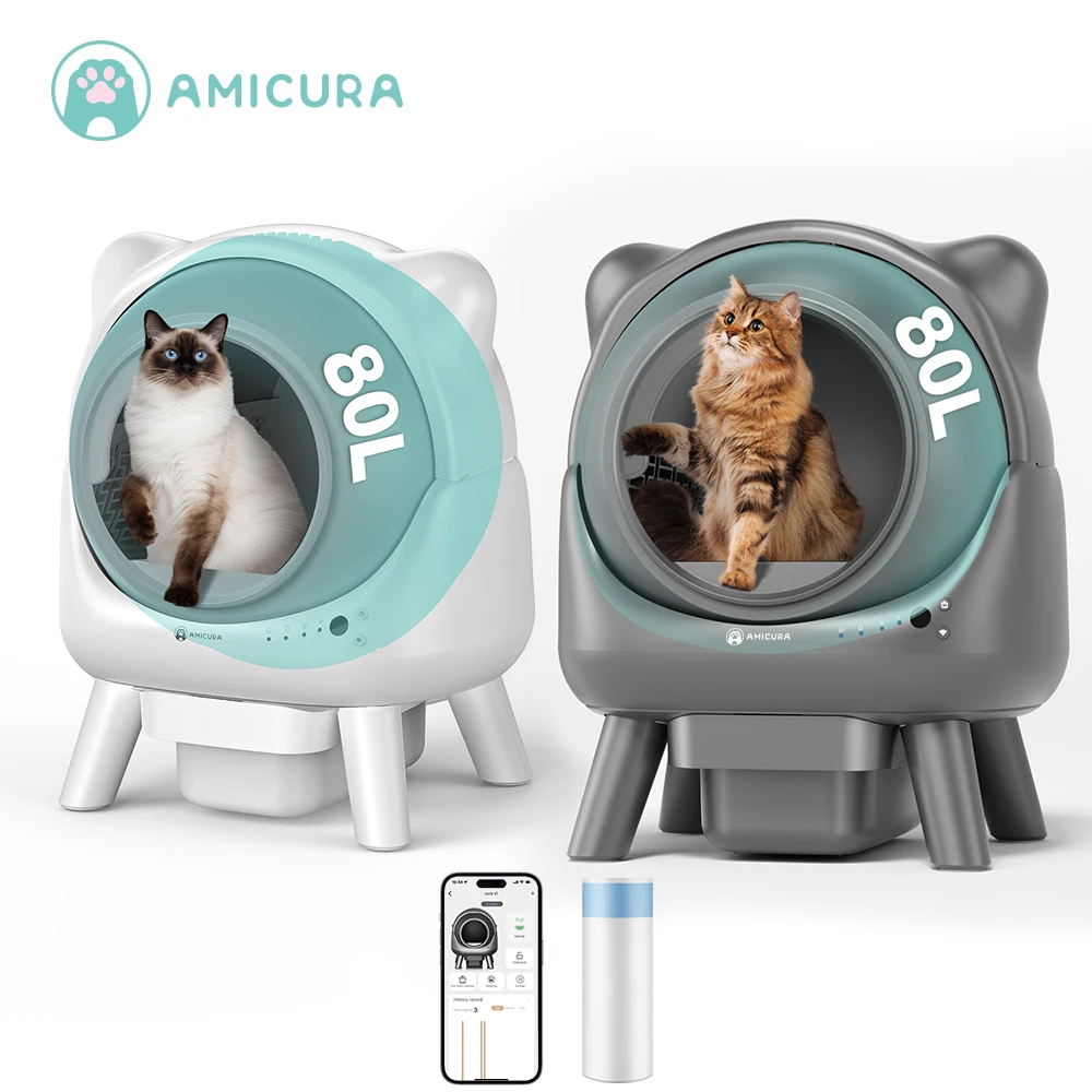 Bac à litière pour chat autonettoyant intelligent 80L+8L, grande toilette automatique pour chat, contrôle par application, bac à litière avec sac poubelle Amicura X1 pour chat