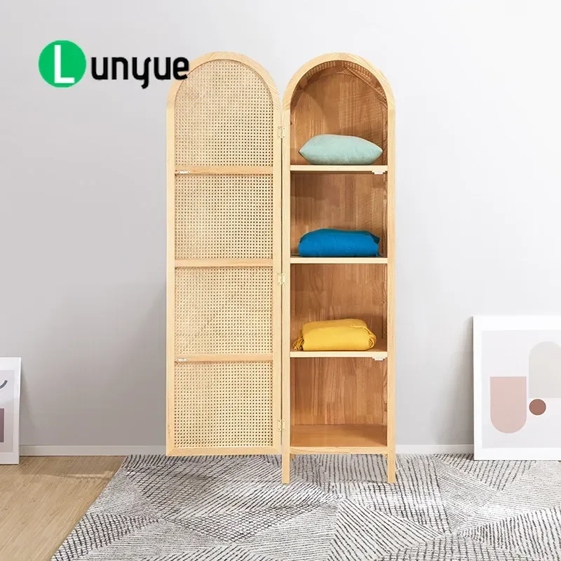 Modern Simple Rattan Wardrobe Wooden Sliding Door Cabinet No Installation Needed Bedroom Home Interior Storage Furniture