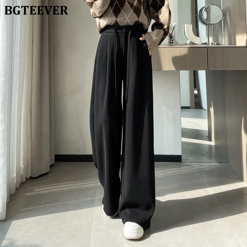 BGTEEVER Winter Warm Woolen Pants for Women High Waist Lace-up Thicken Velvet Long Wide Leg Trousers Female