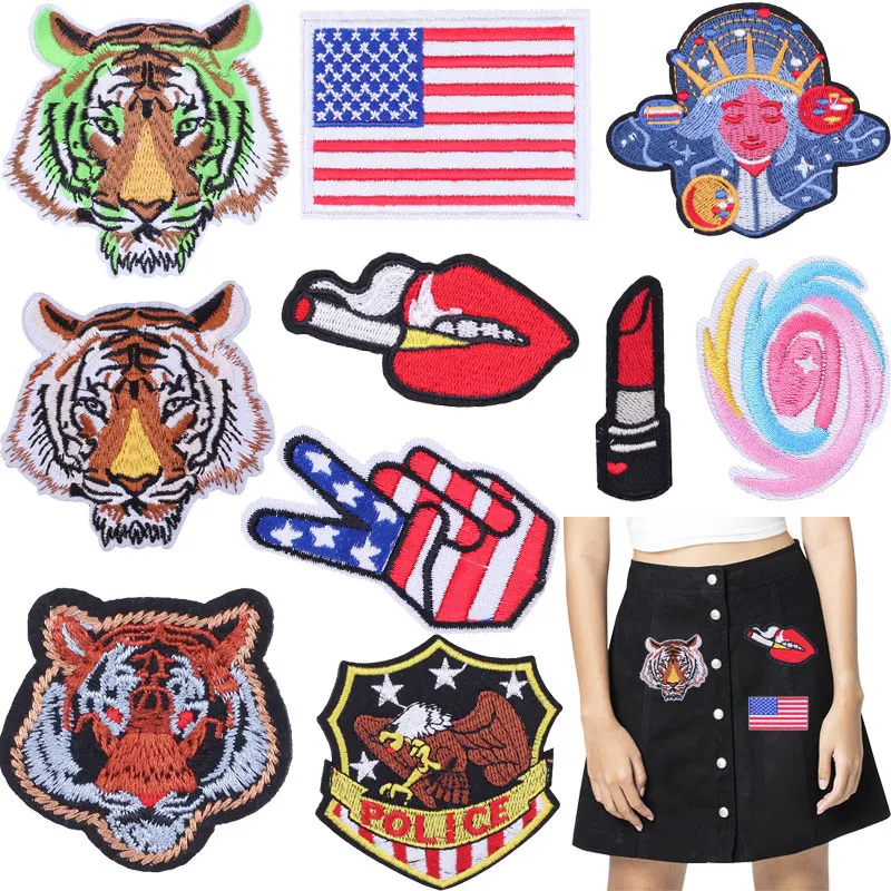 Horror Tiger Embroidered Patches Sexy Lips Clothing Thermoadhesive Patches Usa Flag Patch on Clothes Police Logo Badges for Kid