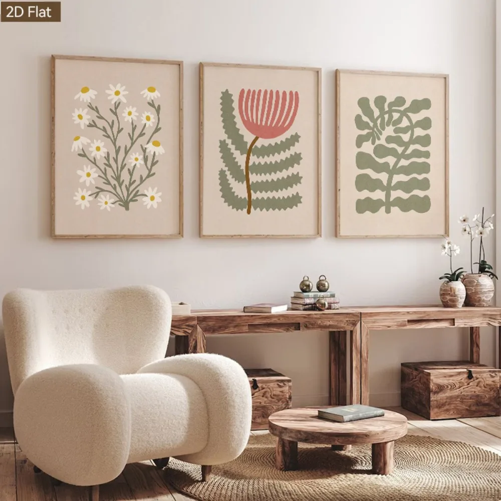 3pcs Frameless, Minimalist Abstract Pink Floral Wall Art Work, with Nordic Morandi Tone Canvas Printing, Modern Plant Decoration