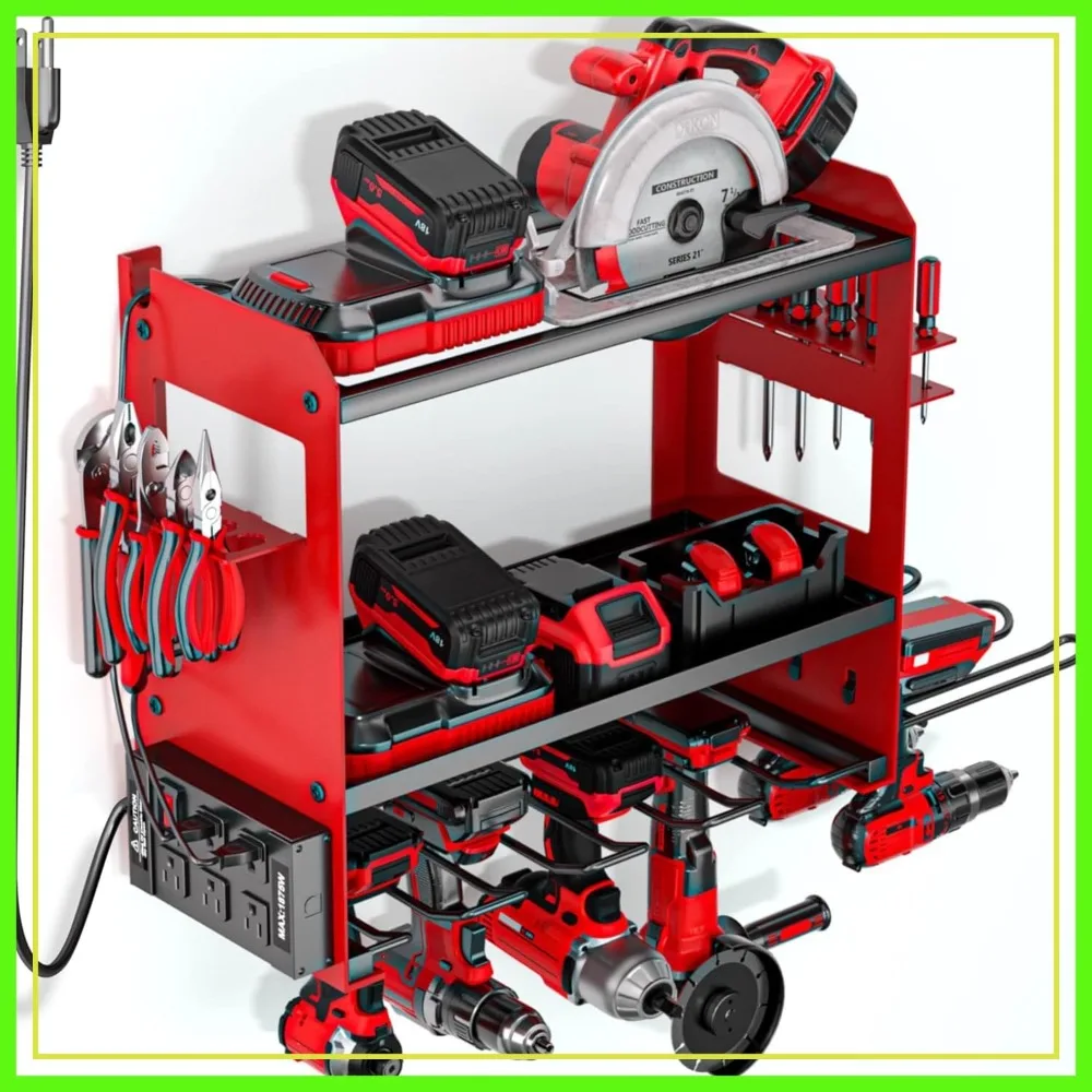 

Heavy Duty Power Tool Organizer Wall Mount with Charging Station, Cordless Tools Hanger & Battery Storage Rack for Garage - Red