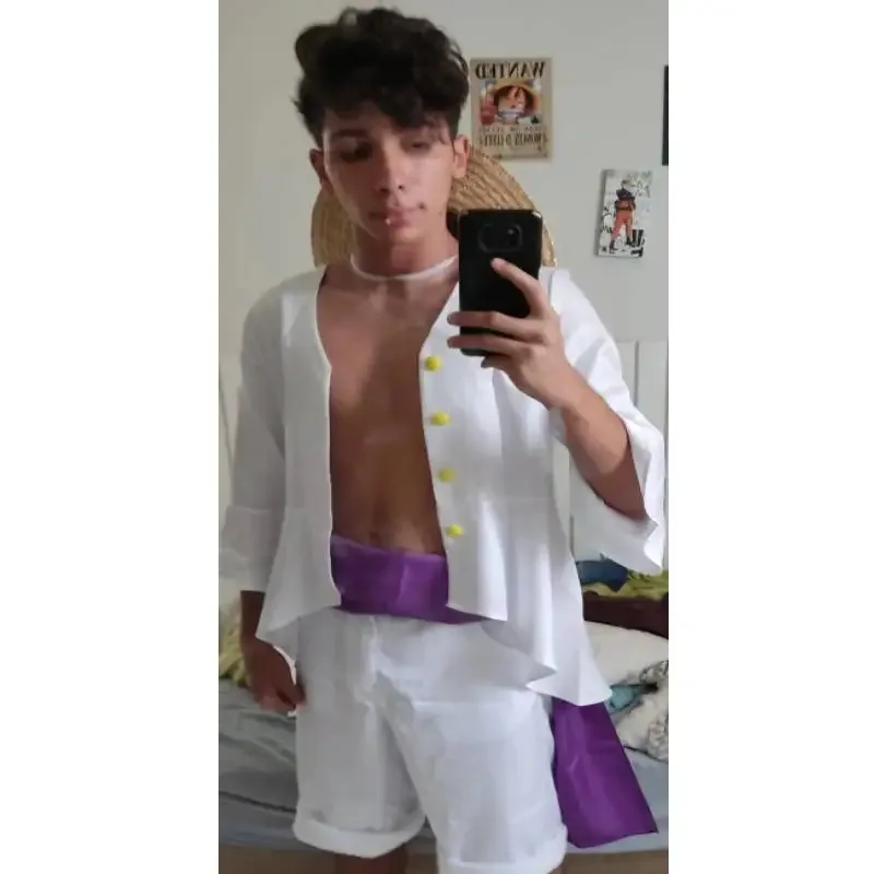 DAZCOS Rufy Cosplay Wano Paese Anime Costume Outfit Camicia Pantaloni con Fascia Nika Form Outfit Monkey D Luffy Cosplay Parrucche Guanti