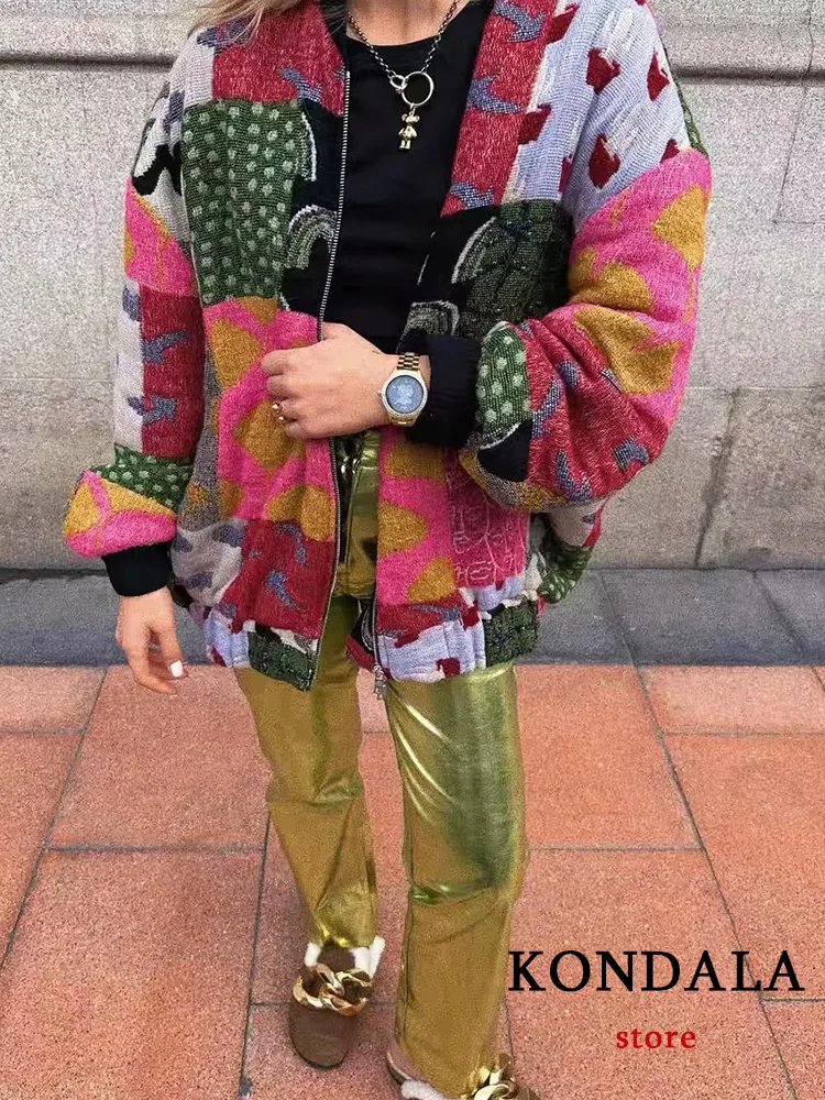 KONDALA Vintage Casual Chic Women Jackets Printing O-Neck Zipper Pockets Oversized Coats New Fashion 2023 Autumn Holiday Jackets