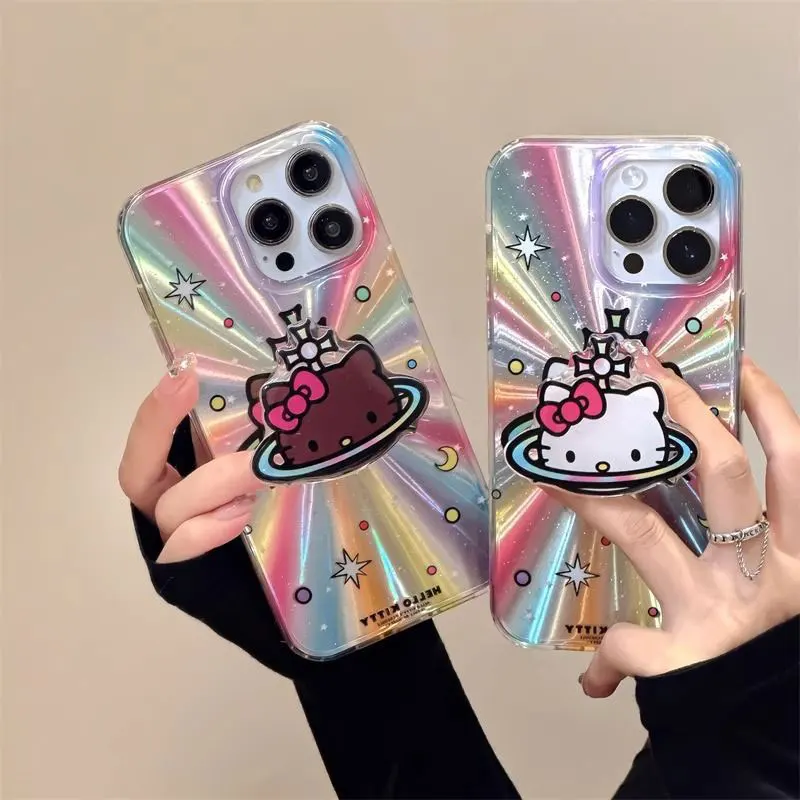 Sanrio Hello Kitty KT Stand Phone Case For iPhone16 15 14 13 12 11 Pro Max XR XS MAX 7 8Plus MINI Y2K Rainbow Aurora Laser Cover