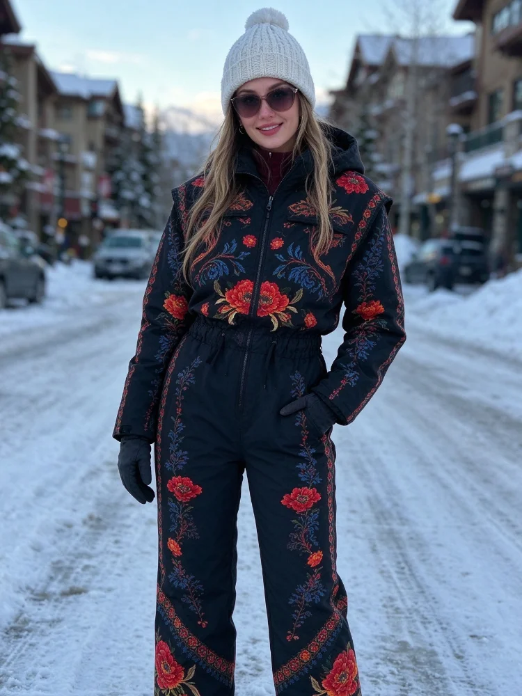 Women One Piece Ski Suit Vintage Floral Print Waterproof Windproof Insulated Snow Jumpsuit Winter Outdoor Snowboarding Overalls