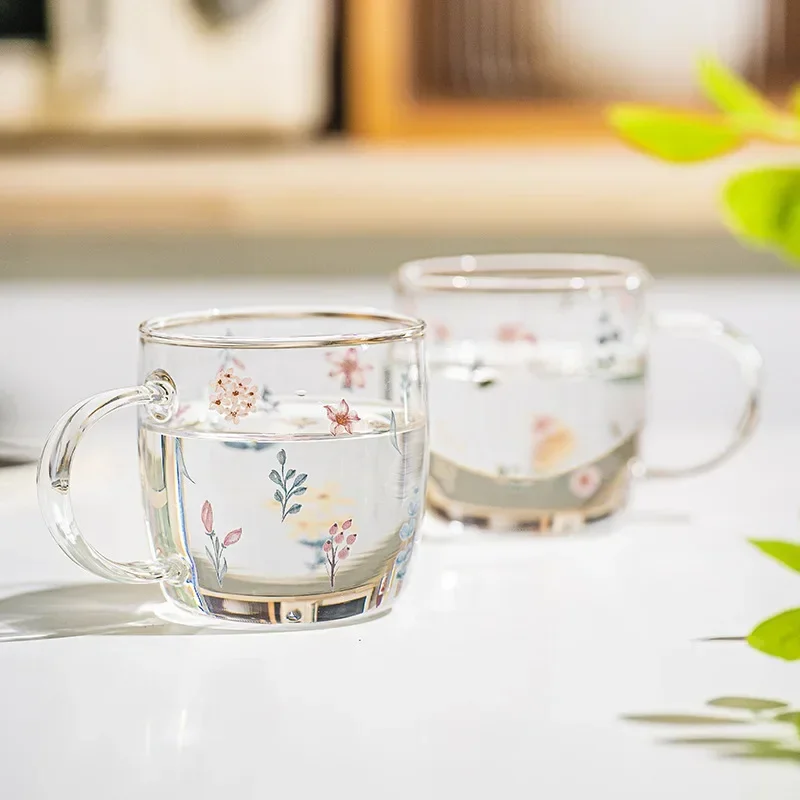 Coffee Mug Borosilicate Glass Creative Flower Pattern  with Handle Tea Water  Transparent Drinking Glasses Home Breakfast Cup