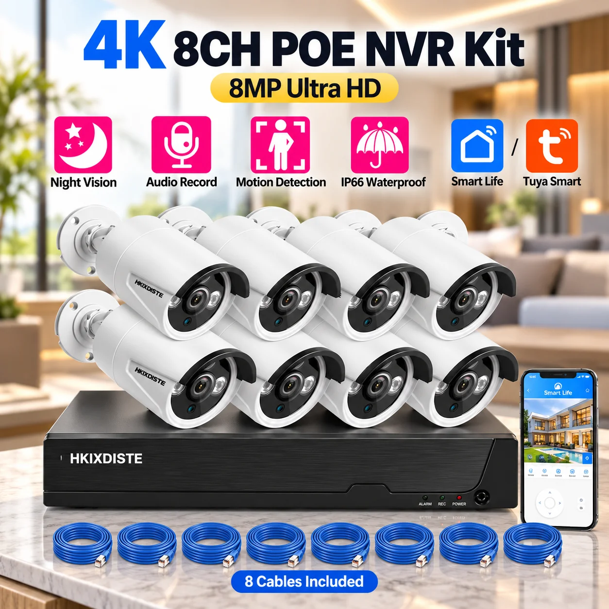 Smart Life 8CH 4K POE NVR Kit Outdoor Waterproof IP Bullet Camera Video Surveillance System Tuya 8MP POE CCTV Security System
