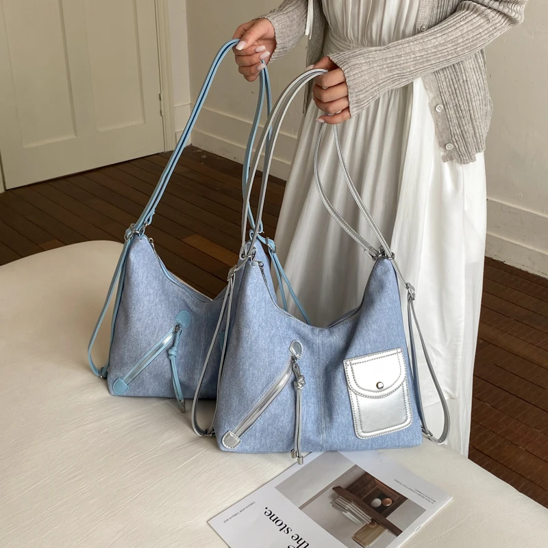 Portable Large Capacity Denim Tote Bags Korean Trendy Travel Shoulder Bag Women's Multifunctional Backpacks Casual Crossbody Bag