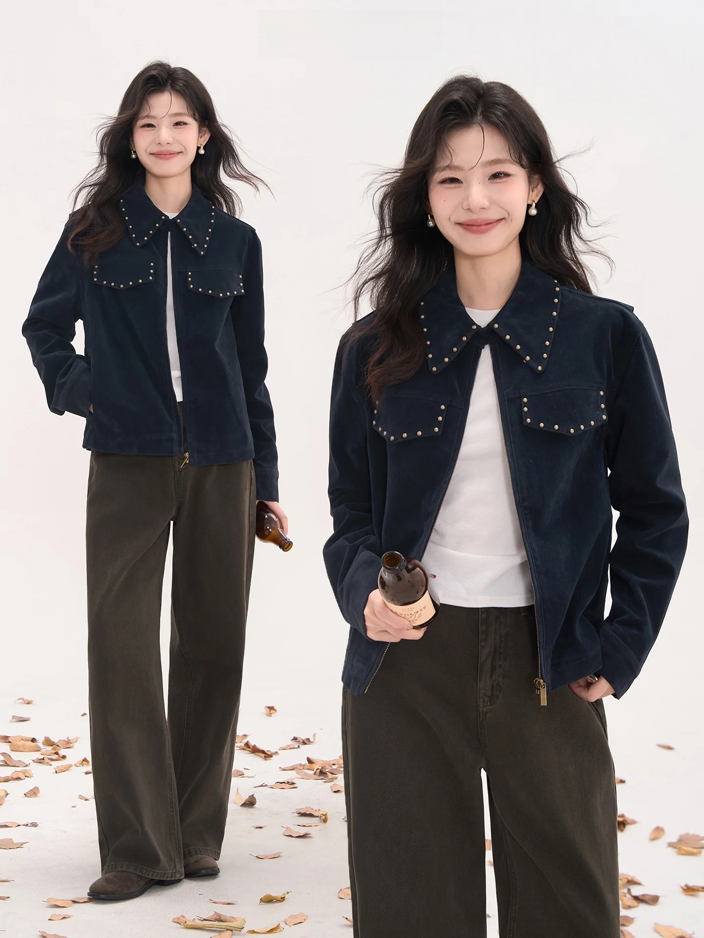 

Heme Suede Jaet Women's Autumn Coat Rivet Design Vintage Sle Zipper Decorated Button Decorated Stand Fit Ladies Outerwear