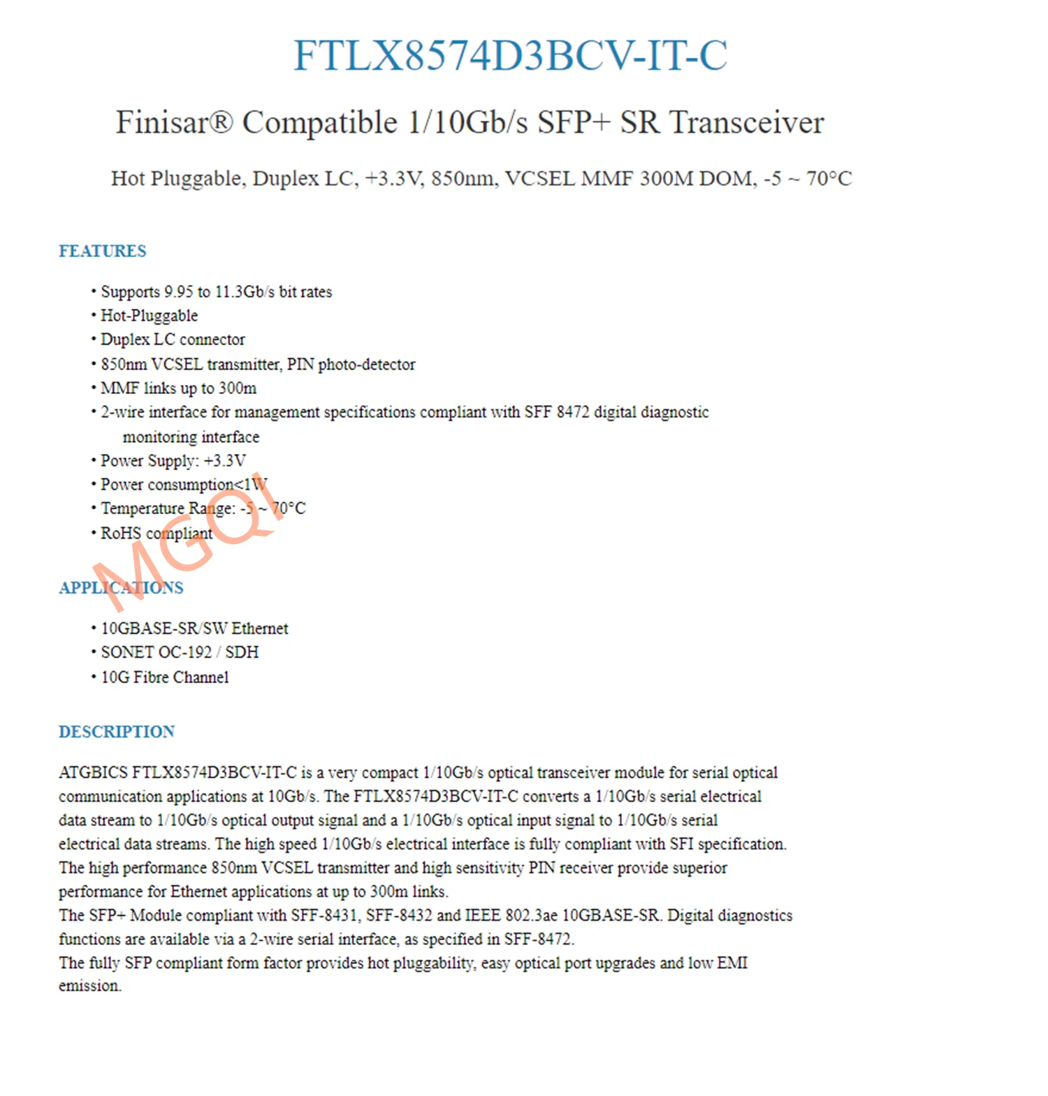 Módulo de fibra óptica FTLX8574D3BCV-IT IN-TEL 10G Sfp/X520 X710 82599 adaptador de red de interruptor módulo de fibra óptica General 10g