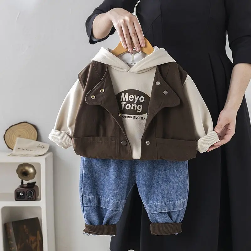 Baby Boy Clothes Set Spring and Autumn New style Children's Handsome Vest+Hoodie+Jeans Three Piece Set