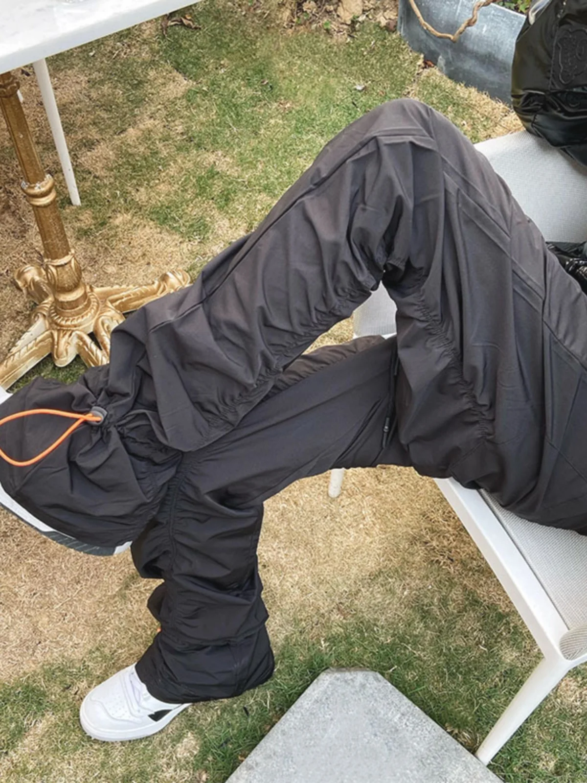 

American High Street Sle Pleated Dstring Casual Trousers Nylon High Waist Straight Leg Thin Model Youth Faion Leisure ...