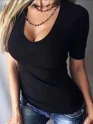 2026 Soft Slight Stretch Sports Tee women's Tops Solid V Neck T-Shirt Short Sleeve Casual T-Shirt For Summer C Women's Clothing