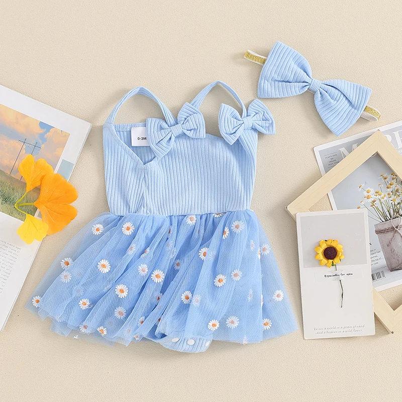 Newborn Baby Girl Outfit Dasiy Print Tulle Romper Dress Ribbed Sleeveless Bodysuit with Bow Headband Summer Clothes