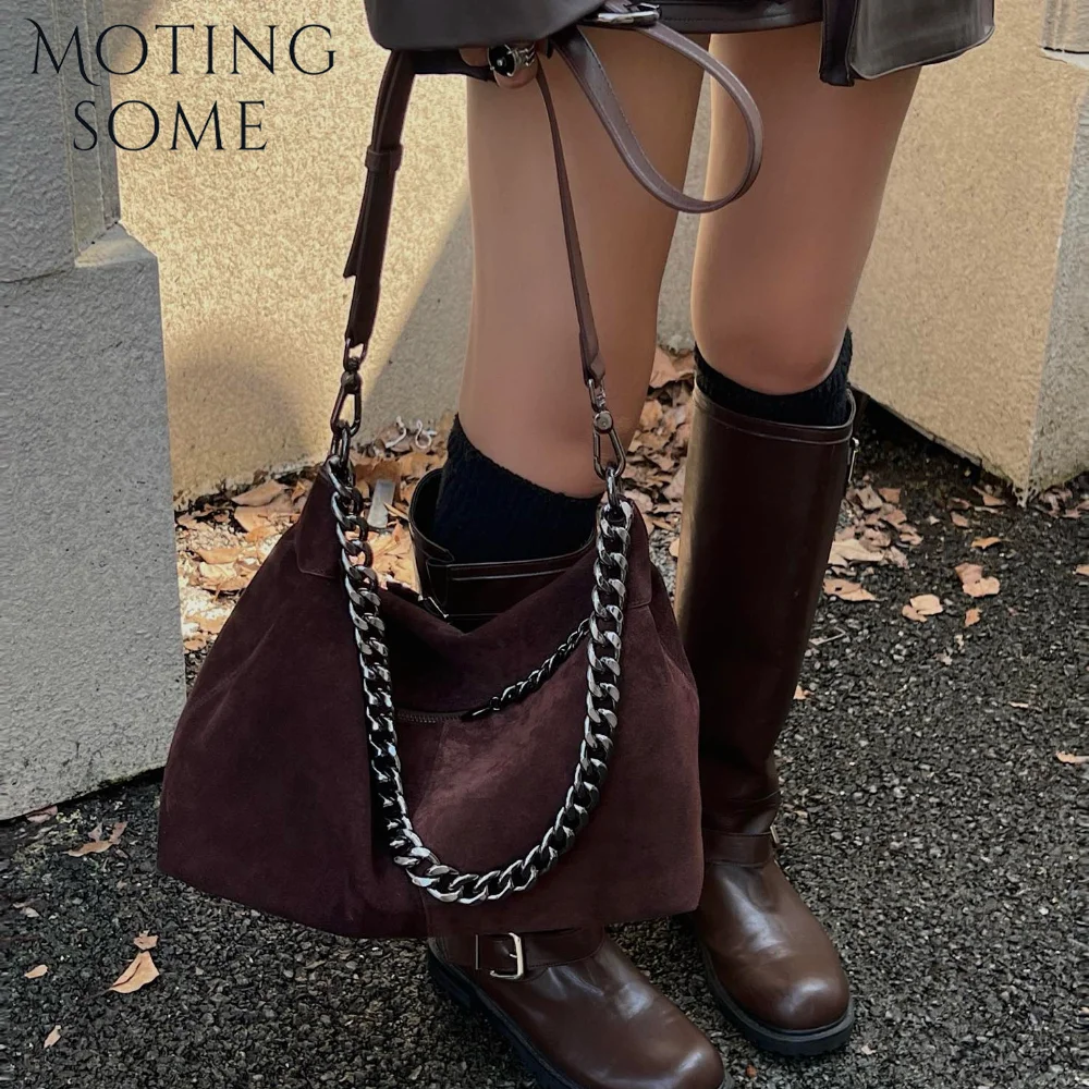 Motingsome Women Suede Leather Bag Chains Shoulder Handbag Autumn Fashion Luxury Designer Bags Chic Lady Trend Satchel 2024 New