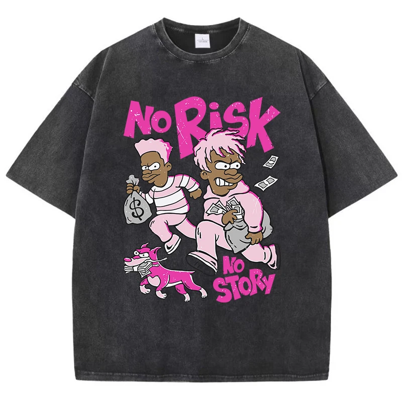 

Street Womans Acid Wash T-Shirts No Risk No Story Manga Prints Tops Oversize Comfortable Cotton Tee Shirts Casual Female Clothes