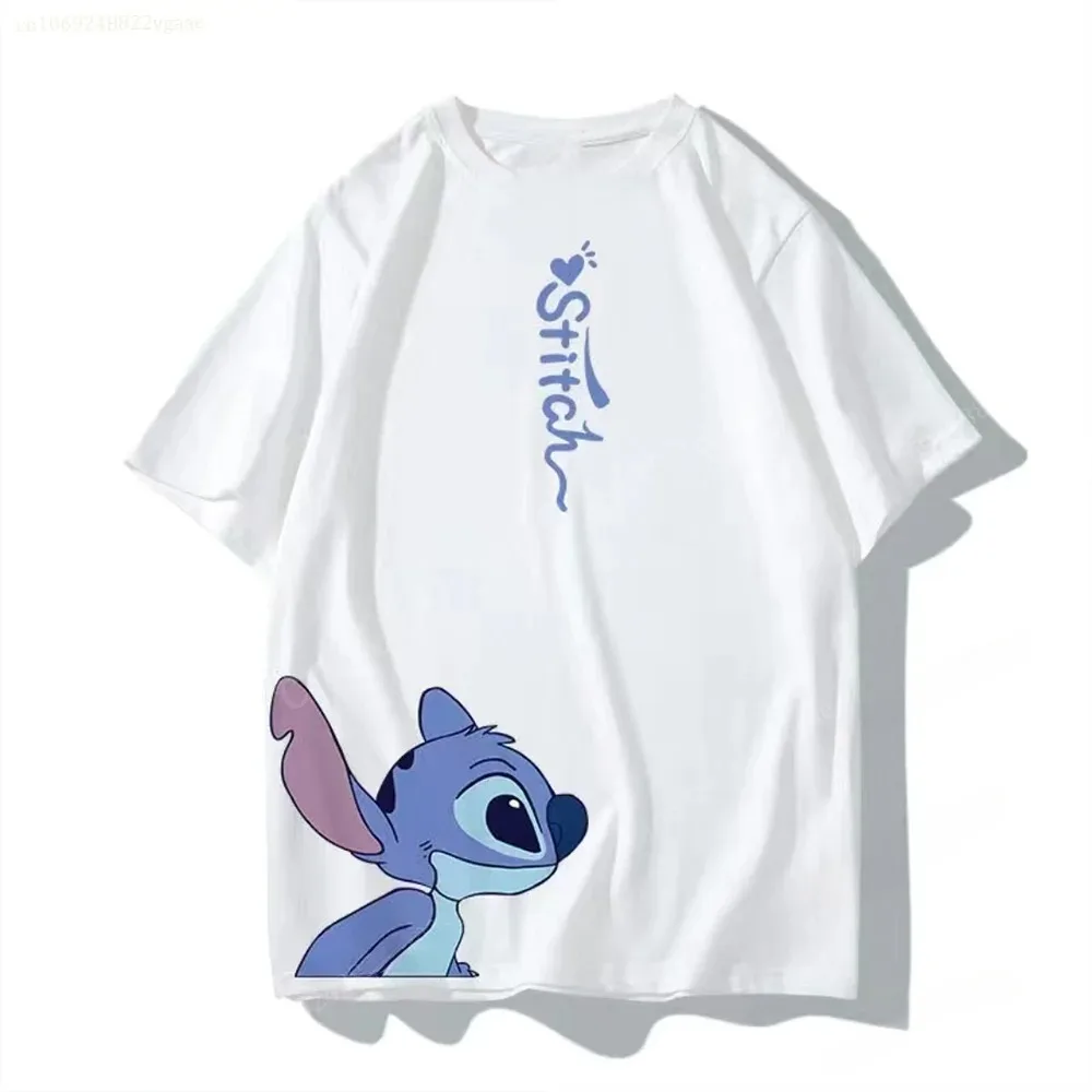 Summer Disney Stitch And Angel Couple Cotton T Shirt Men Women Short Sleeve Boys Girls Kids Polyester Tee Clothes Children Lilo